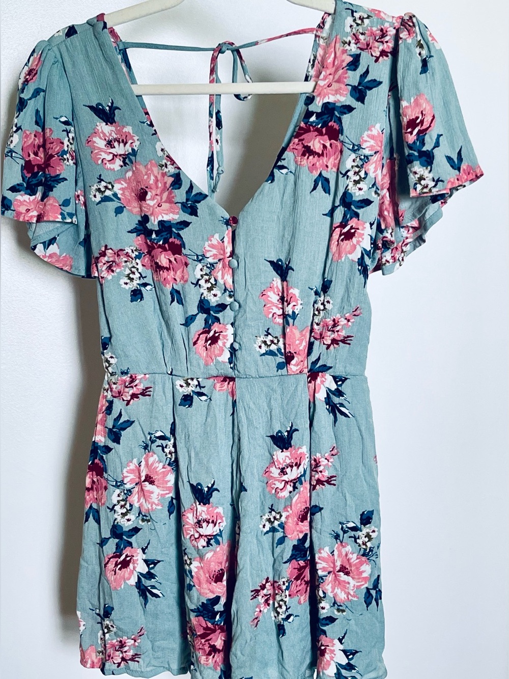 Three Pink Hearts Sage Green Floral Romper Fall Layering Transitional Jumpsuit S
